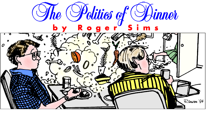 'The Politics of a Dinner' by Roger Sims; title illo 
  by Peggy Ranson