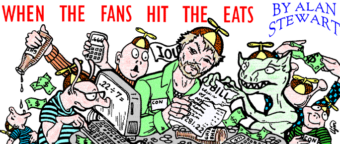 'When the Fans Hit the Eats' by Alan Stewart; title illo 
  by Peggy Ranson
