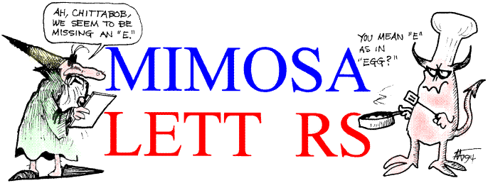 Mimosa 15 letters column; title illo by Alexis Gilliland